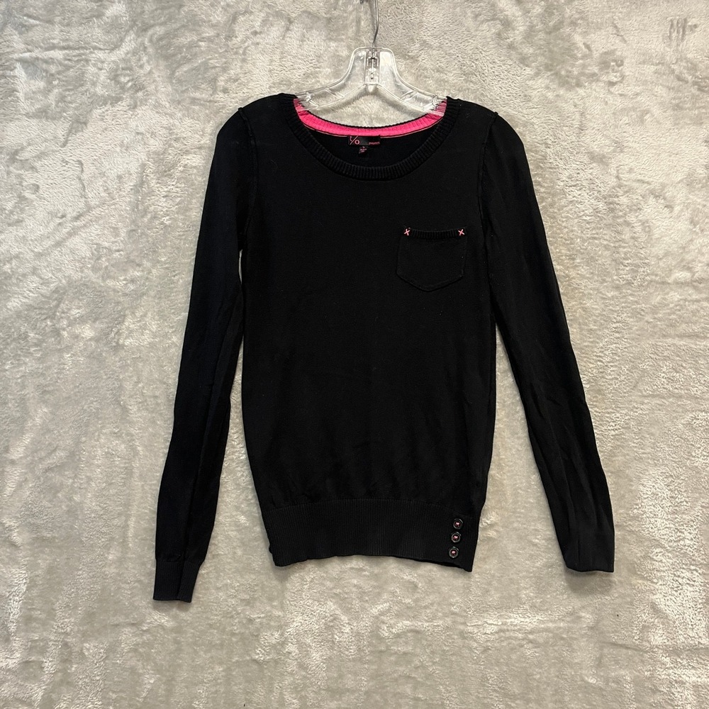 t/o Sweaters Sweater Womens Small Black Pink Trim Cotton Blend Pocket Button Hem